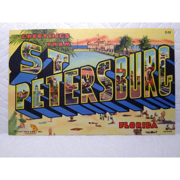 Greetings From St Petersburg Florida Large Big Letter Linen Postcard Curt Teich - Picture 2 of 3
